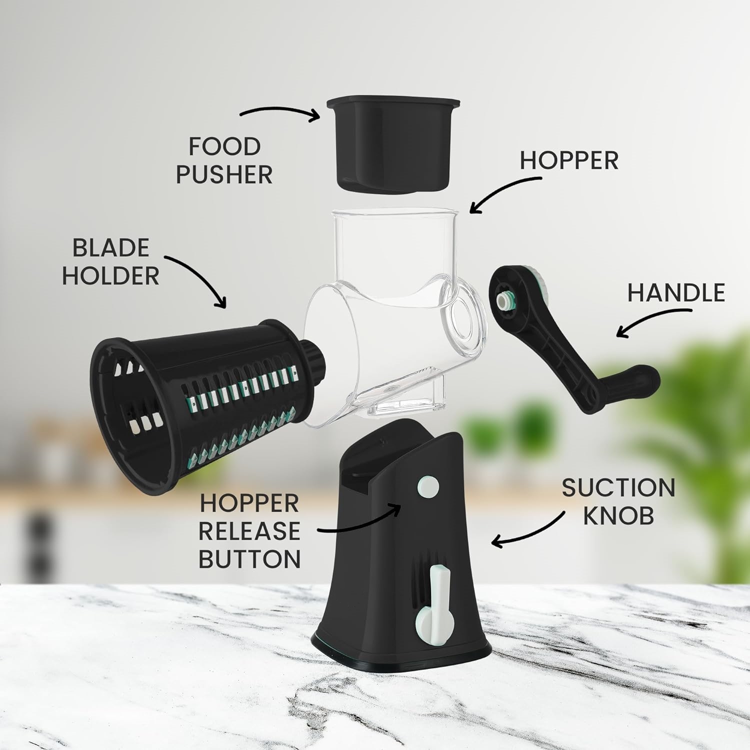 Rotary grater parts, including the hopper, cutting drum, handle, pusher and base