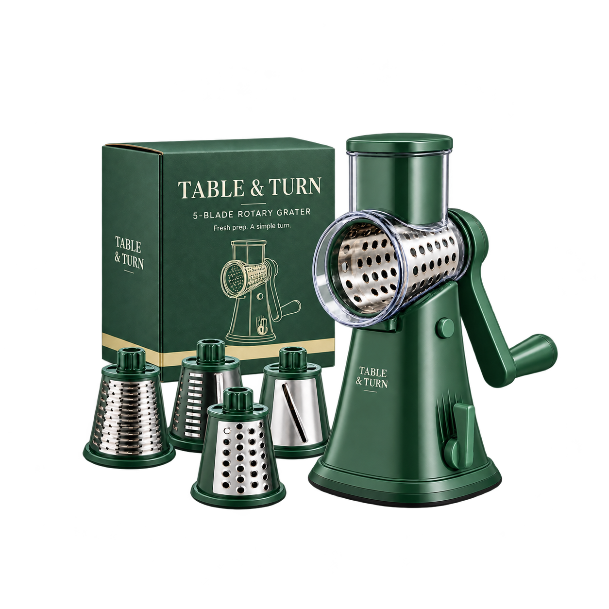 Green Table & Turn grater and five-drum set, branding mockup